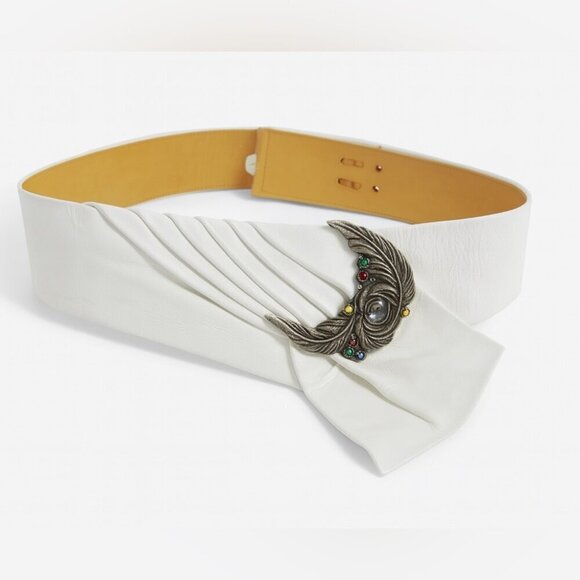 Vintage 80s Stefanie Kushner White Leather Belt Jeweled Feather Buckle Size S main image 6